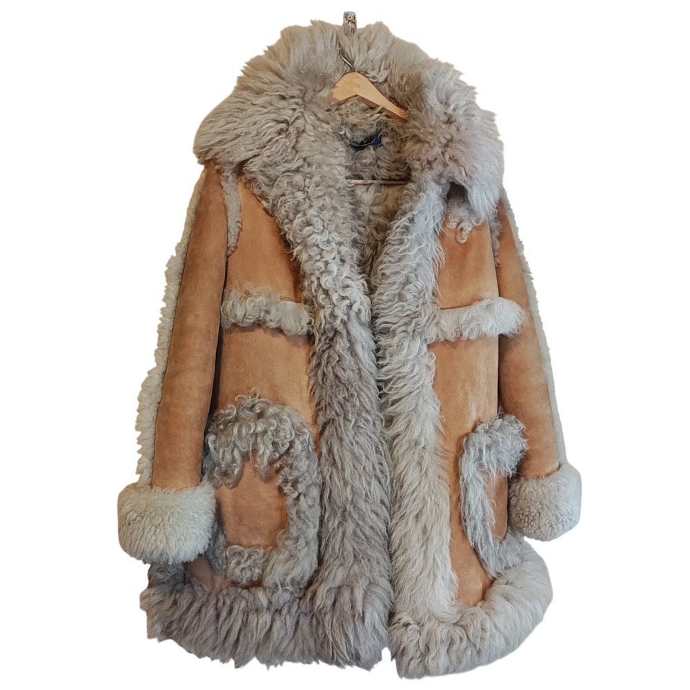 MVB Sheepskin Afghan Coat Womens M Tan Cream Curly Shearling Penny Lane Vintage